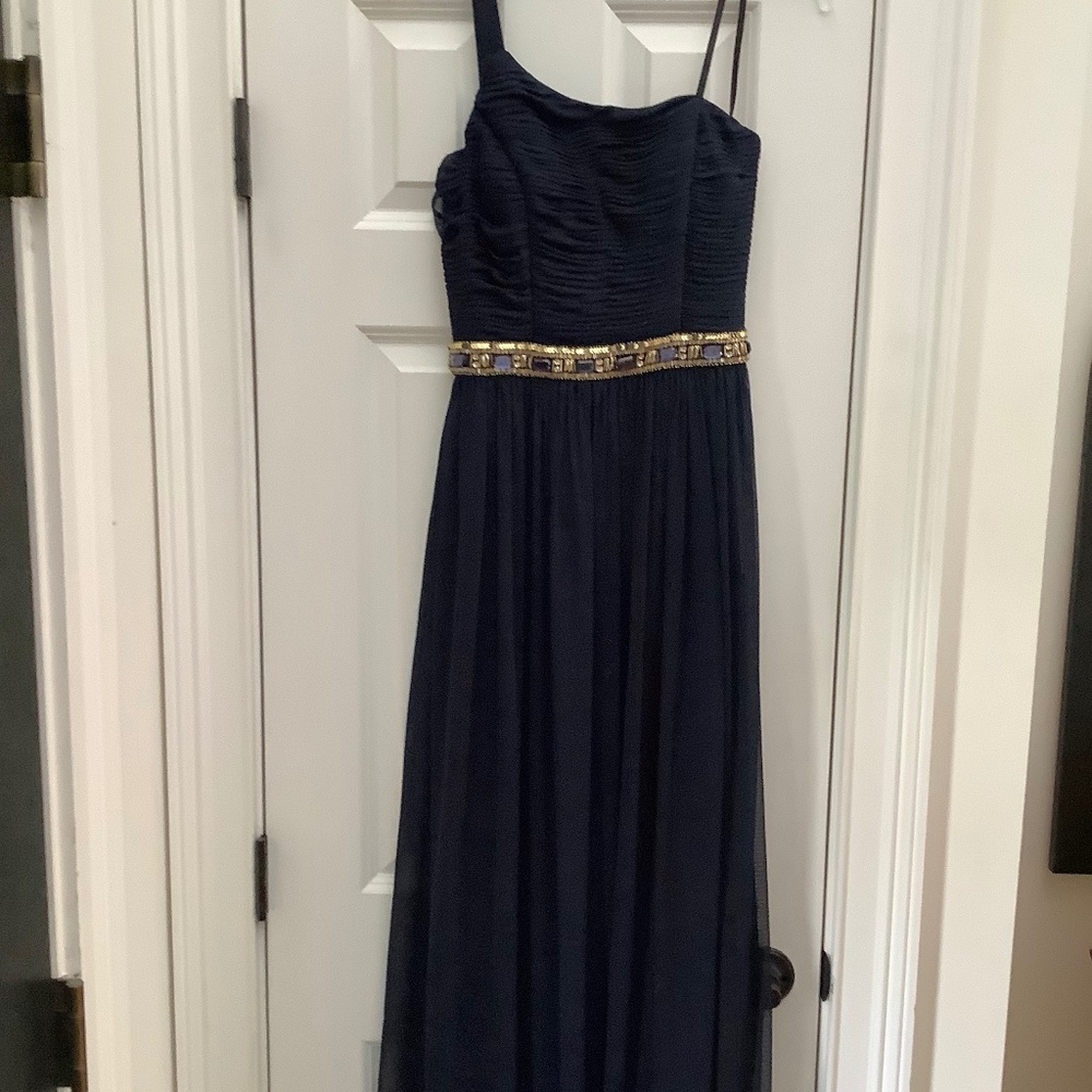 Long navy gown with gold and navy beads, size  6